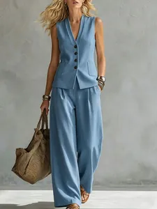 Elegante conjunto de chaleco de lino sin mangas azul claro y pantalones de pierna ancha