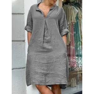 Casual grey V-neck pleated linen midi dress for women featuring comfortable loose fit