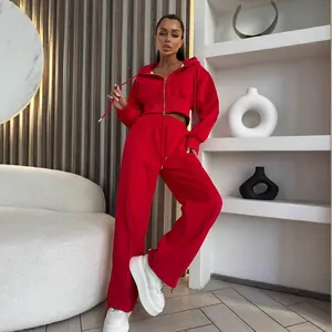 Completo tuta sportiva rossa 2 pezzi in cotone con felpa con cappuccio e pantaloni laccati