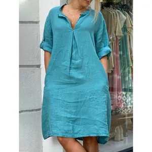 Elegant turquoise linen-style V-neck midi dress for women featuring casual loose fit