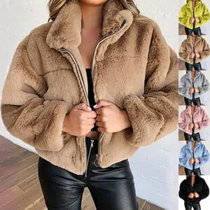 Veste d'hiver chaude en fausse fourrure pour femme avec fermeture éclair multicolore