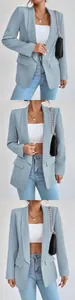 Vista detallada de una chaqueta azul claro para mujer con bolsillos elegantes