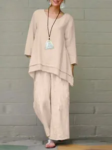 Elegantes beiges Baumwoll-Leinen-Set mit lockerem Langarm-Oberteil und weiter Hose