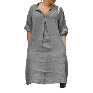 Casual V-neck pleated long sleeve solid color midi dress for women in grey linen style