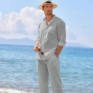Completo da Uomo Casual 2 Pezzi in Misto Lino e Cotone Camicia a Maniche Lunghe con Colletto alla Coreana e Pantaloni Tinta Unita Completo da Spiaggia Top e Bottom