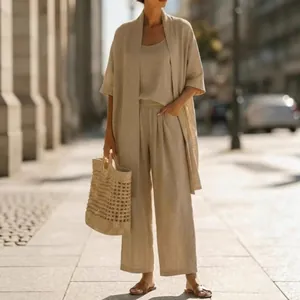 Women Casual Polyester Top And Bottom With Open Front Cardigan Cami Top And Wide Leg Pants Solid Color Summer Vacation Outfit