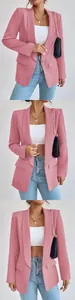 Collage detallado de una elegante chaqueta blazer rosa para mujer con bolsillos