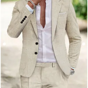 Men's two-piece beige linen-textured suit with blazer and trousers for casual weddings