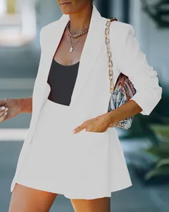 Elegant white two-piece blazer and shorts set with lapel design for women's fashion