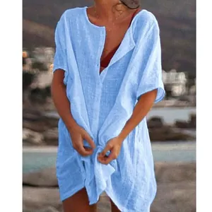 Women's light blue loose-fit linen button-down short sleeve shirt beach cover-up