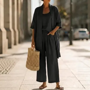 Comfortable summer three-piece linen set with wide-leg pants for vacation