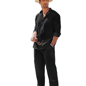 Completo uomo nero casual camicia a maniche lunghe e pantaloni texture lino