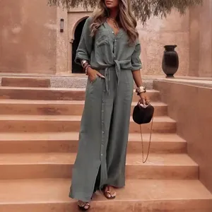 Ensemble décontracté deux pièces vert olive avec chemise à nouer et pantalon large à boutons
