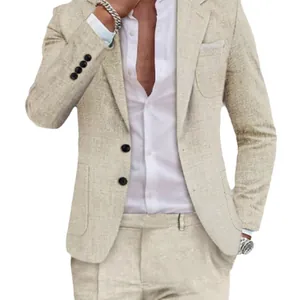 Classic men's 2-piece beige linen suit featuring a slim fit blazer and matching trousers