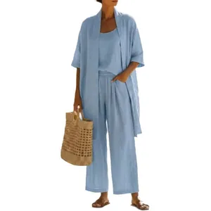 Light blue women's 3-piece summer set with loose cardigan, tank top and wide-leg pants.