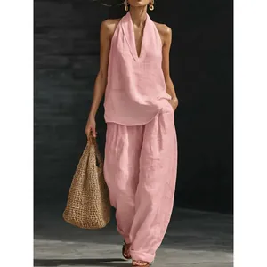 Elegant pink French style halter neck V-neck top and wide leg pants set for women