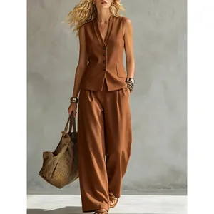 Elegante conjunto de dos piezas para mujer con chaleco de lino y pantalón ancho