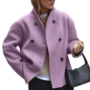 Elegante abrigo de lana violeta lavanda de doble botonadura para mujer estilo británico