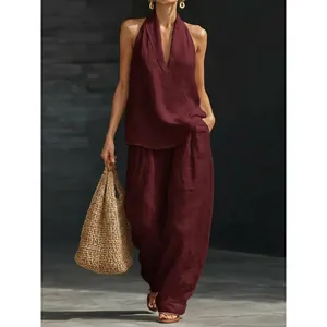 Elegant French style burgundy halter neck backless top and wide leg pants set for summer