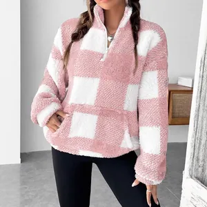 Sudadera con Capucha de Mezcla de Lana Suave para Mujer Media Cremallera Pullover de Cuadros Cálido Grueso Corto Con Bolsillos Invierno Casual