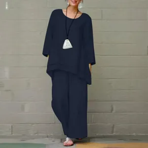 Completo due pezzi casual in lino da donna con tunica a maniche lunghe e pantaloni larghi