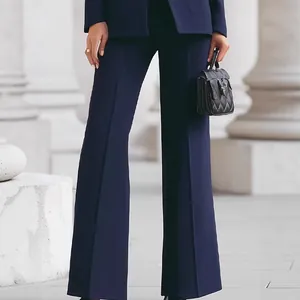 Elegant marineblauw damespak 2-delige set met blazer en broek met wijde pijpen en hoge taille