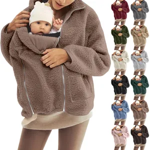 Chaqueta Canguro de Lana Sherpa para Mujer Portabebés Manga Larga Ajuste Holgado Color Sólido Abrigo Cálido de Invierno