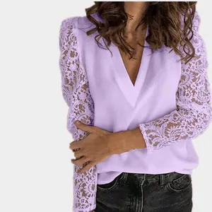 Detailed view of lavender V-neck blouse featuring elegant lace patchwork sleeves.