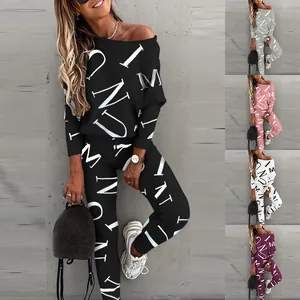 Women's casual letter print two-piece set featuring long sleeves and pants in various colors