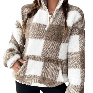 Sudadera de forro polar a cuadros marrones y blancos con media cremallera para mujer