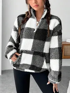 Stylish women's black and white buffalo plaid half-zip fleece pullover sweatshirt