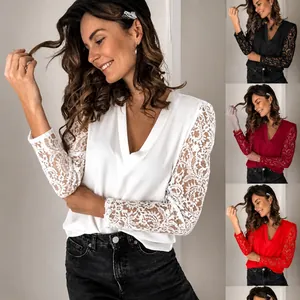 Damen Schlanke Passform V Ausschnitt Patchwork Spitze Ärmel Top Elegante Chiffon Langarm Bluse Lässige Unterhemd Für Büro Damen