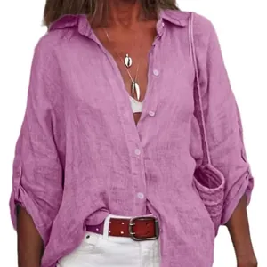 Chemise ample en lin lavande avec manches 3/4 et décolleté en V