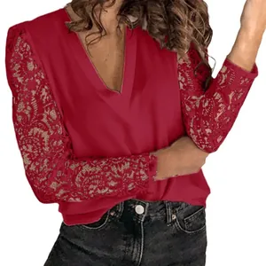 Women's V-neck red blouse with elegant lace patchwork long sleeves and slim fit design