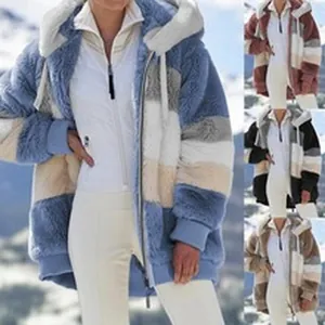 Cozy women's oversized color block plush fleece hooded jacket featuring multiple style options.