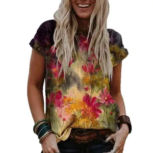 Camiseta de manga corta para mujer con estampado floral artístico y colores vivos