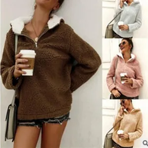 Women's warm teddy fleece half-zip hoodie for autumn, available in four solid colors.