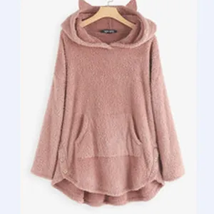 Cozy dusty pink oversized fleece hoodie featuring cute cat ears and side buttons detail