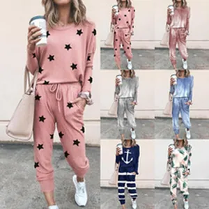 Women's stylish autumn casual tracksuit set with star print and jogger pants in pink