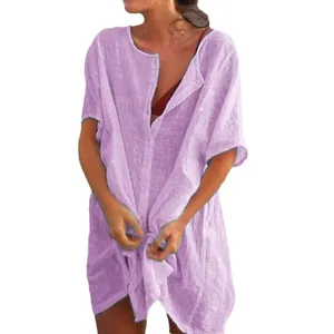 Casual loose lavender mid-length short sleeve cotton linen shirt for beach cover-up