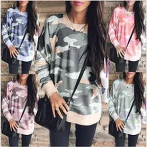 Women's casual long sleeve sweatshirt with colorful camouflage pattern collage view
