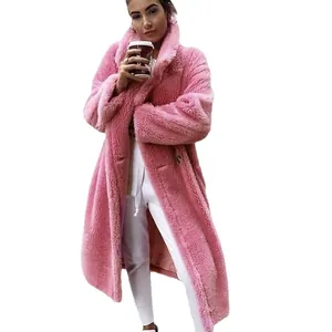 Long pink double-breasted fuzzy teddy coat for women in a classic winter style