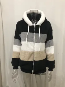 Full detail view of women's multi-color block plush fleece hooded jacket on mannequin