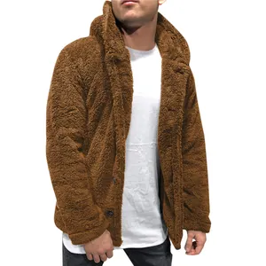 Men's solid brown fuzzy fleece hooded jacket for autumn and winter fashion style