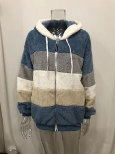 Cozy women's multi-color striped plush hooded jacket with a front zipper and drawstrings