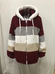 Women's fuzzy color-block zip-up hooded jacket with soft fleece fabric in burgundy and grey