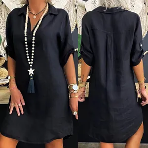 Nordic style black rayon shirt dress with front and back detail views