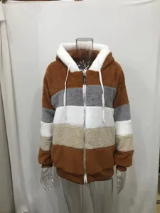 Detailed view of a multi-color plush hooded jacket with zipper closure
