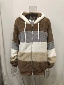 Detailed view of women's multi-color block fuzzy fleece hooded jacket with zip closure