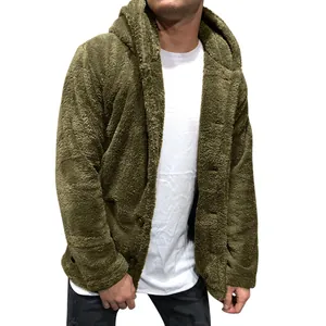 Men's olive green fuzzy hooded fleece jacket with button closure and soft texture